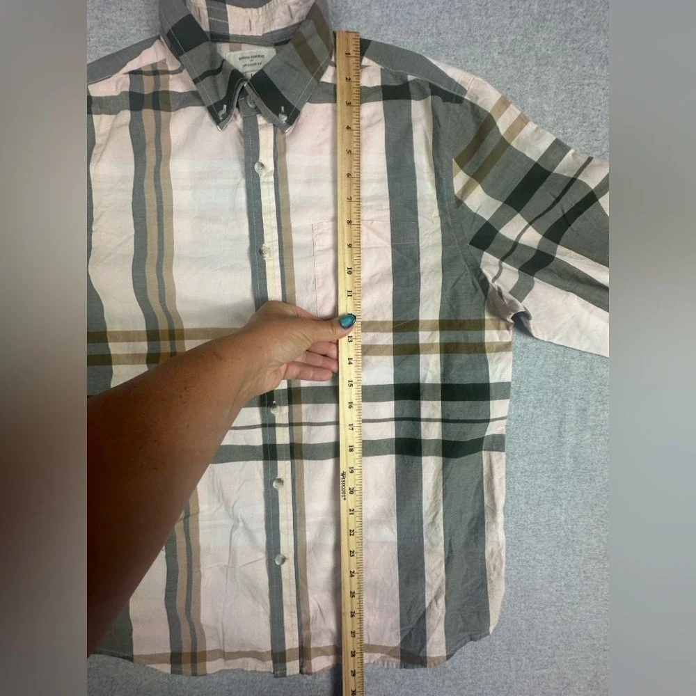 Banana Republic Shirt Mens Large Pink Gray Plaid Untucked Fit Long Sleeve Preppy